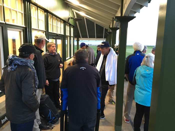 Golfers wait out single spots on The Old Course in St. Andrews, Scotland.